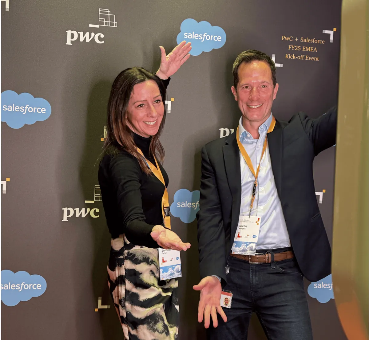 Two guests posing at the PwC and Salesforce EMEA kick off